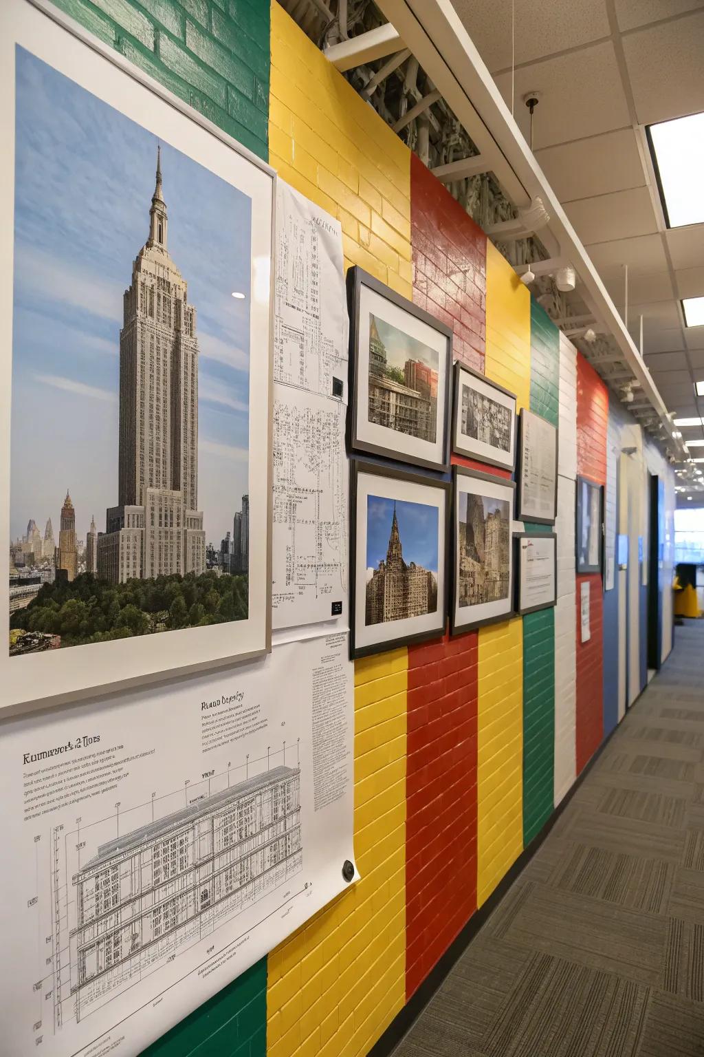 An office wall showcasing construction-themed artwork and blueprints.