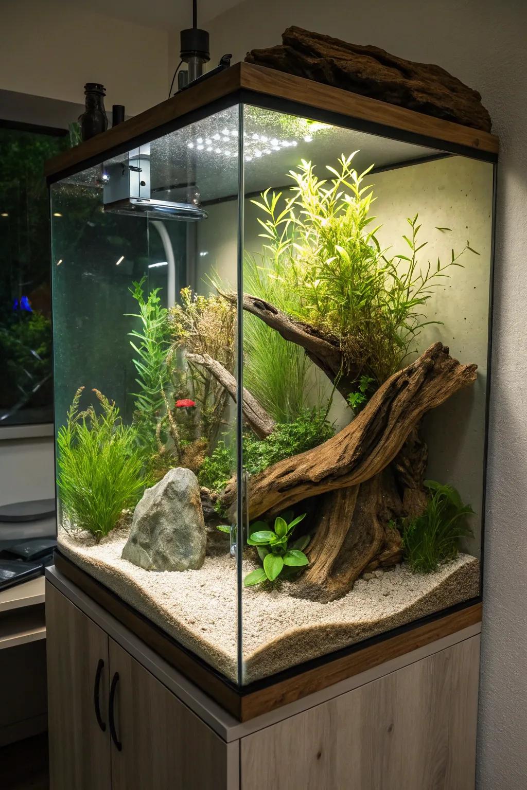 Natural elements like driftwood and plants create a serene aquatic scene.