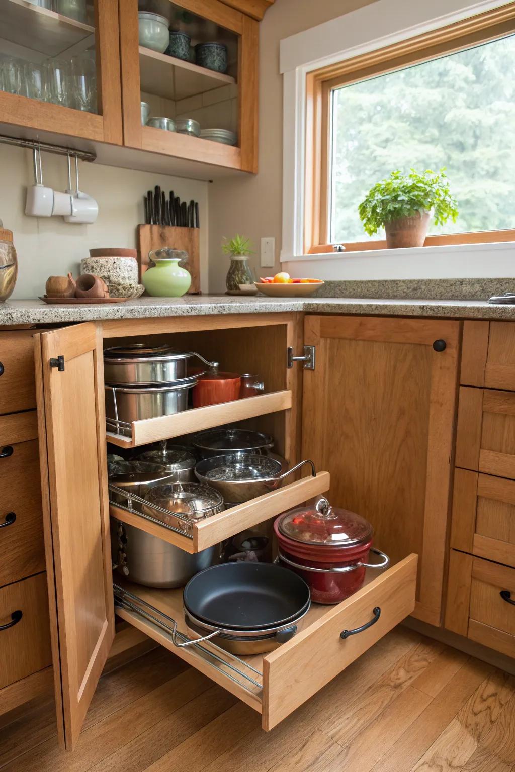 Pull-out shelves bring hidden treasures within reach.