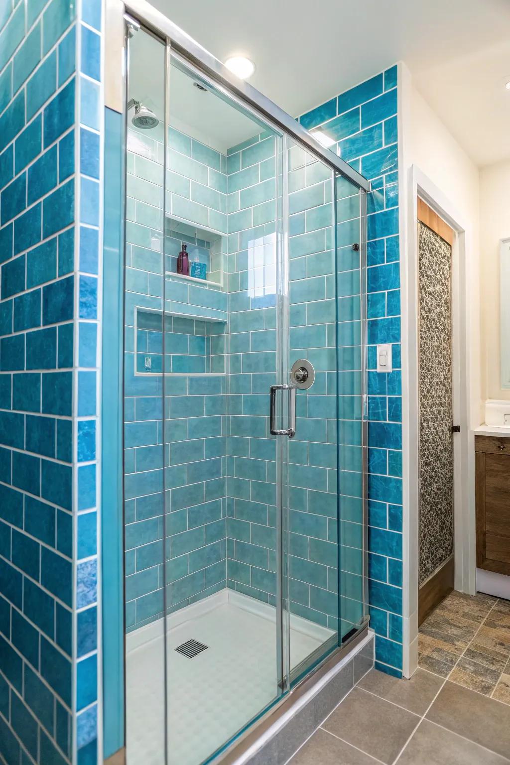 Vibrant blue tiles bring a refreshing coastal feel to your shower.