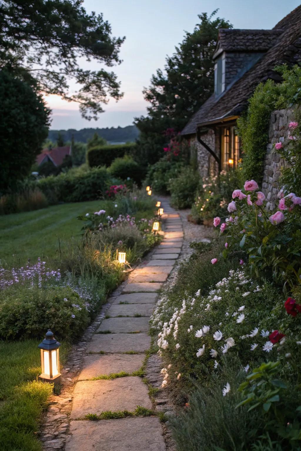 A beautifully lit garden path guiding the way.