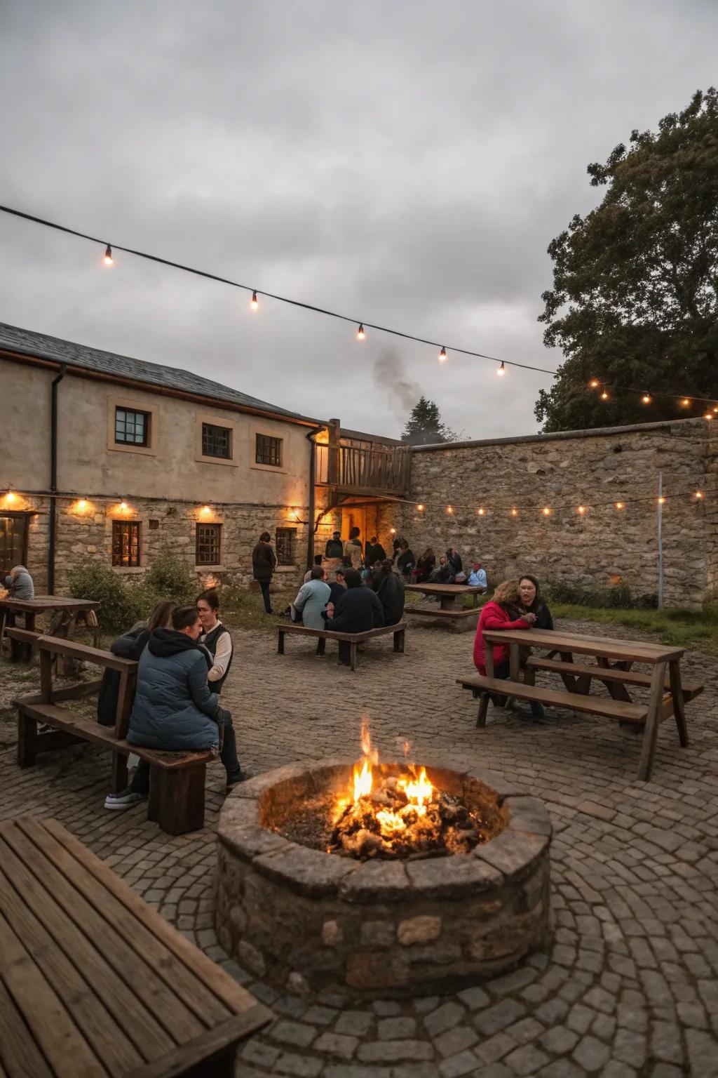 A fire pit serves as a warm and inviting focal point in the courtyard.