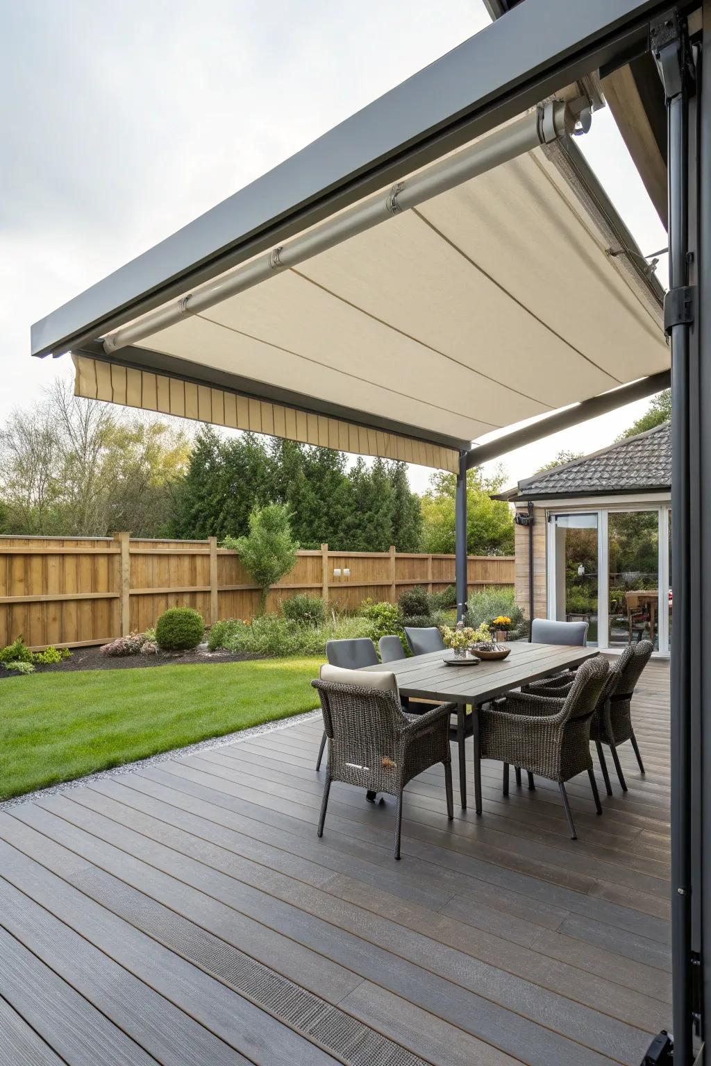 Retractable awnings provide adaptable shade and enhance your outdoor dining experience.