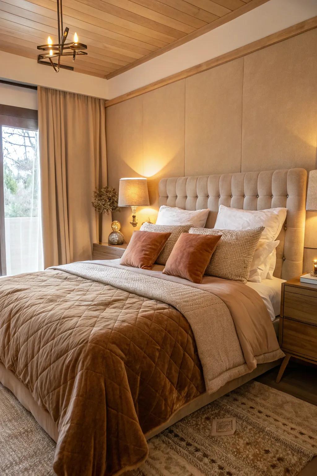 A cozy bedroom with inviting caramel bedding and warm ambient lighting.