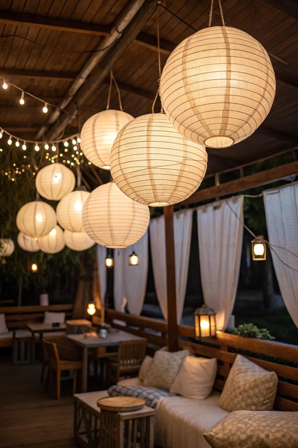Paper lanterns create a tranquil and diffused lighting effect.
