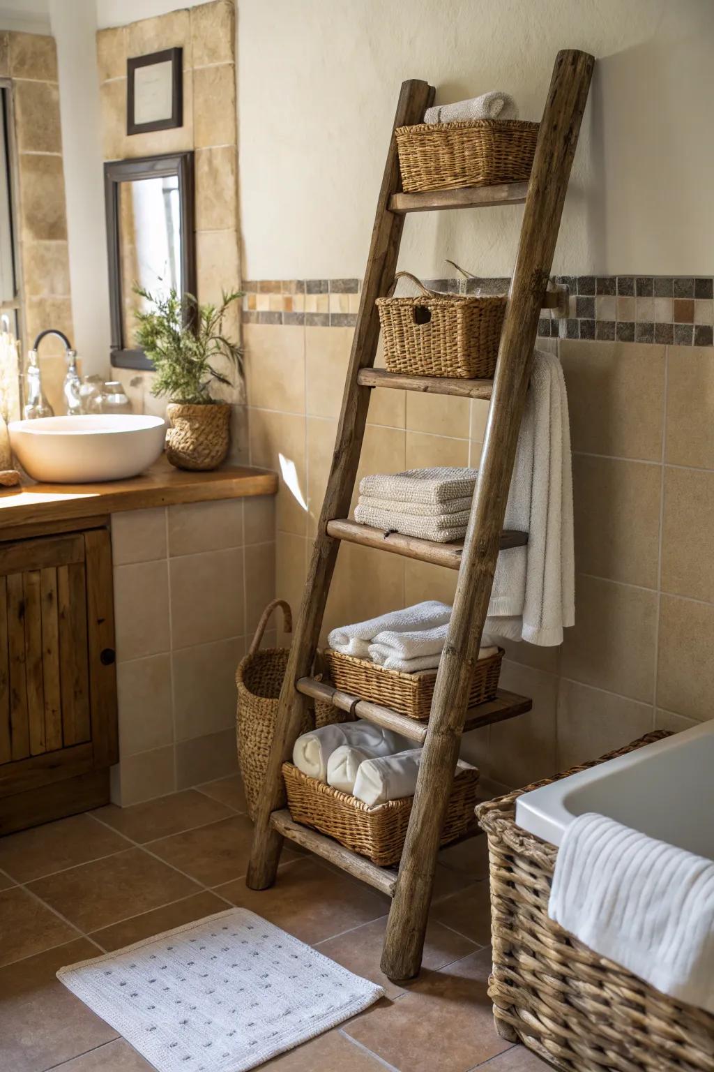 Ladder shelves add a touch of rustic charm while providing functional storage.