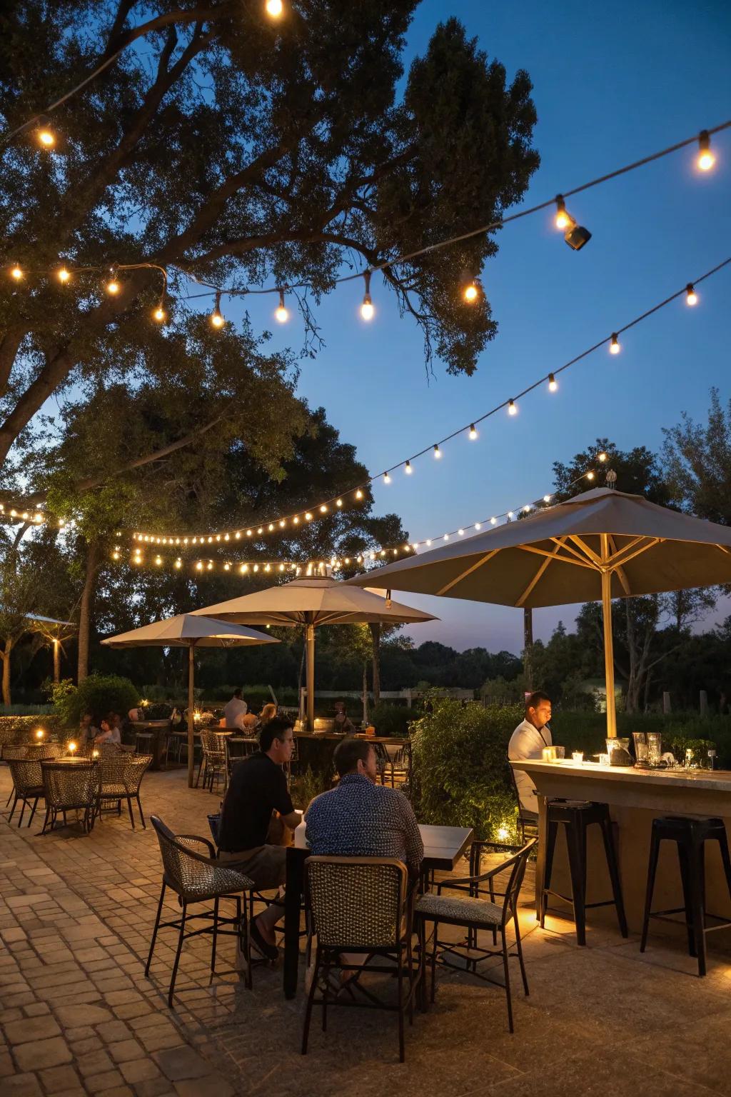 String lights bring a magical touch to this outdoor bar.