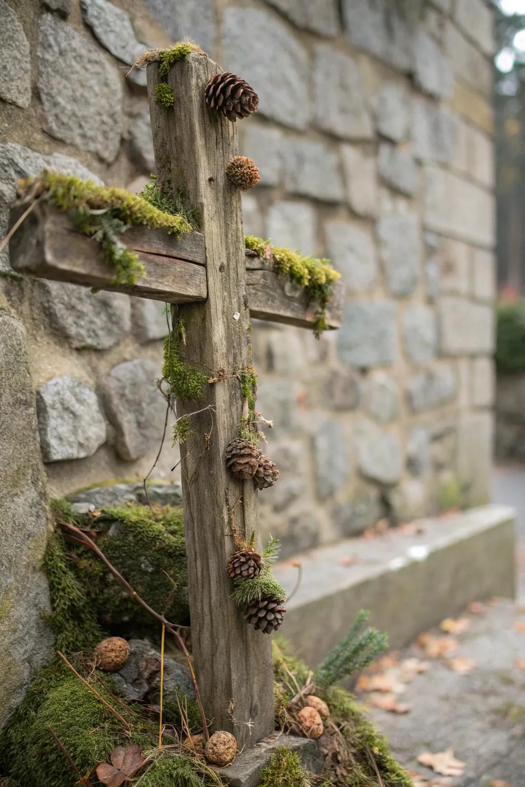 Rustic cross with natural moss and pinecone accents
