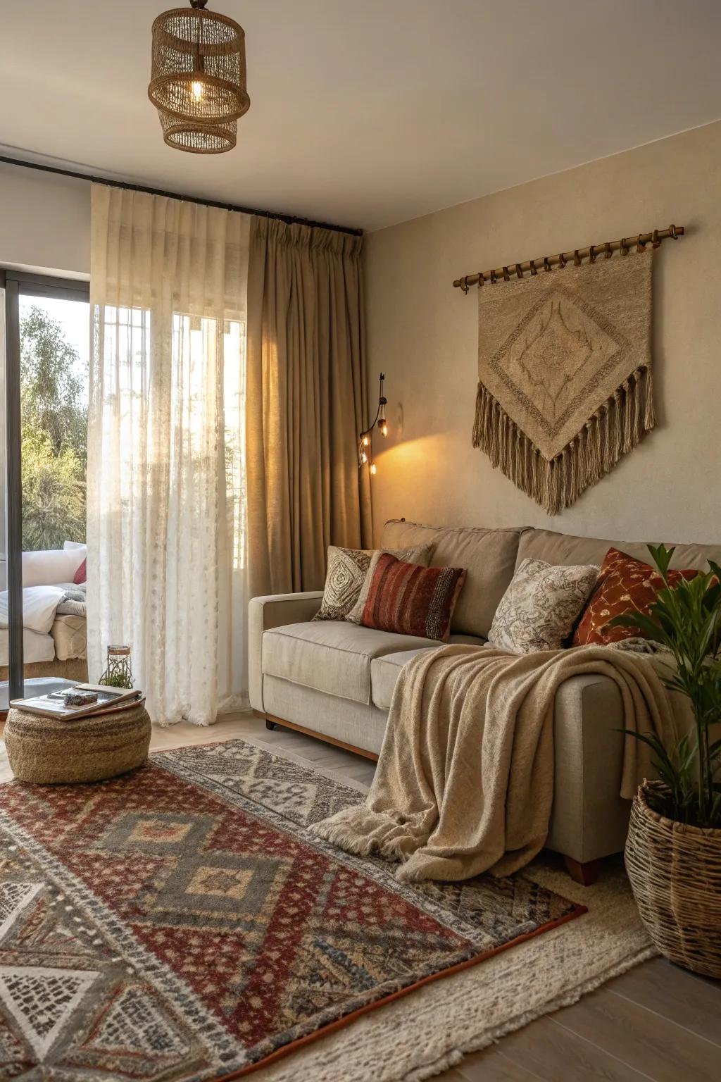 Living room with layered textures for added depth.