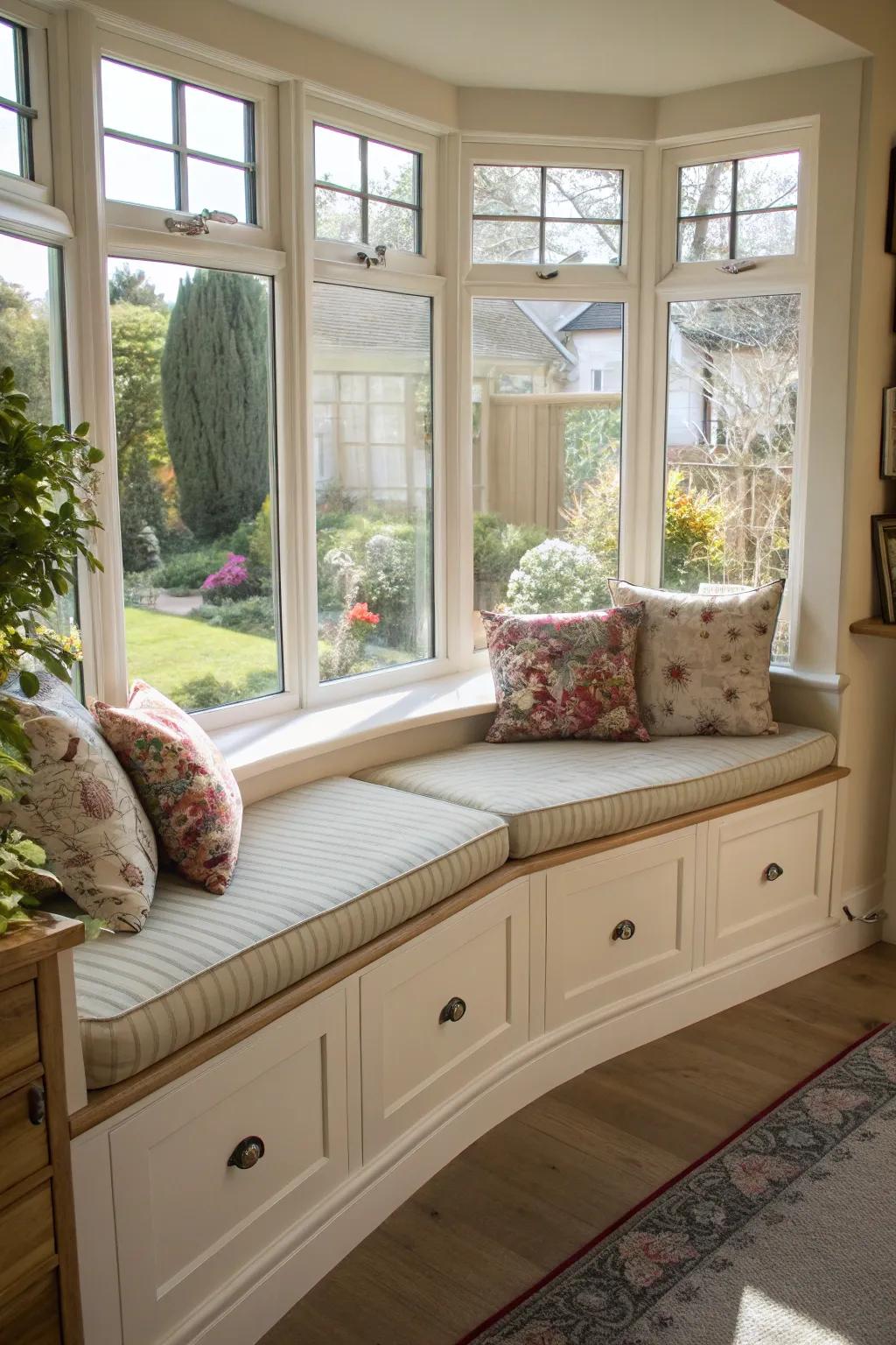 Functional built-in seating with storage in a curved bay window.