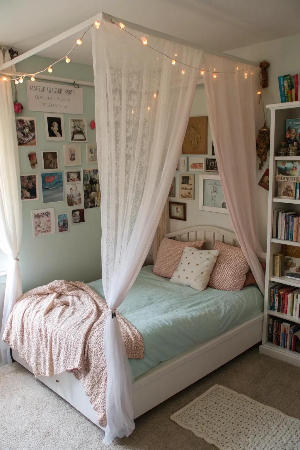 A serene teen bedroom with a canopy bed.