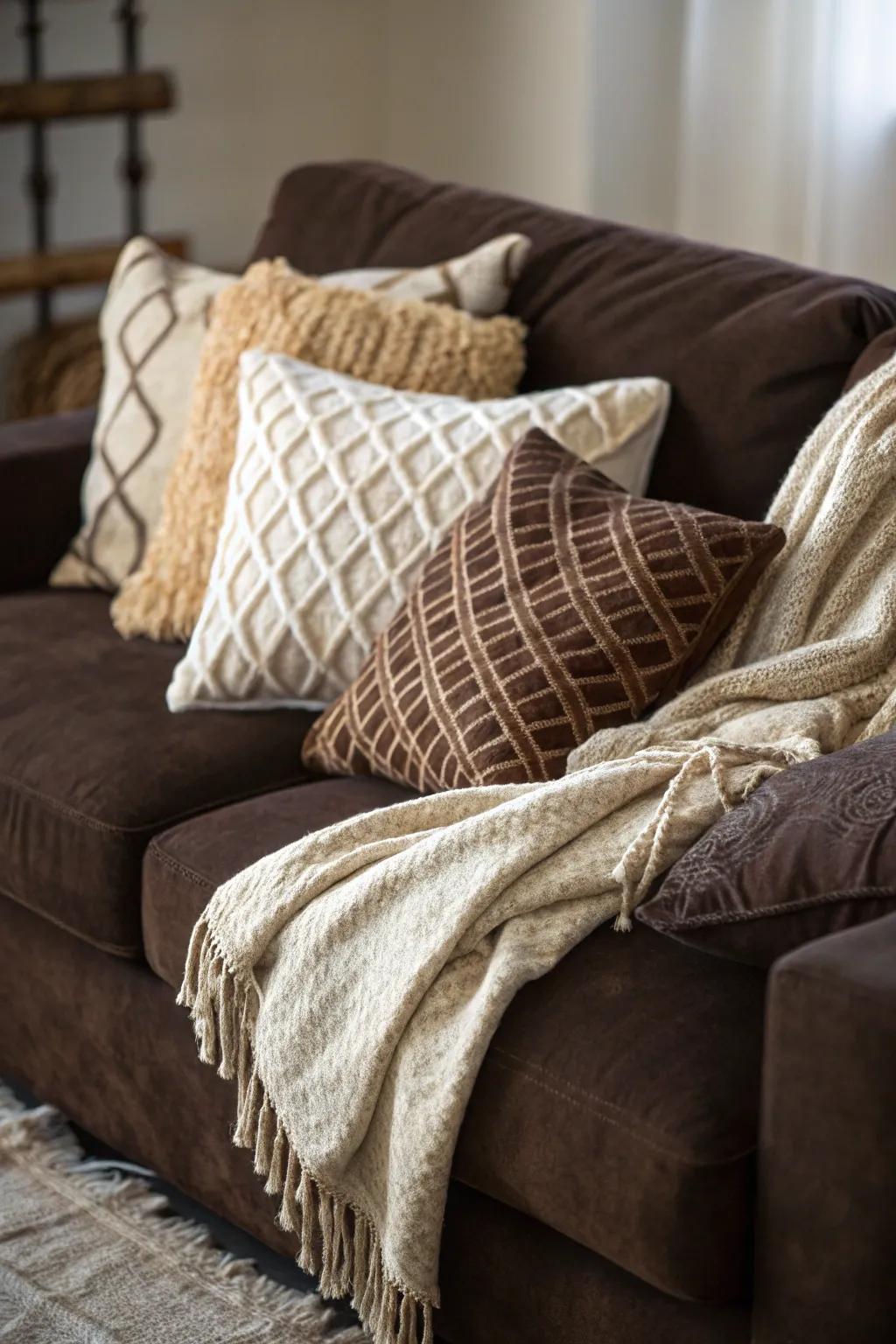 Textured accents enhance the richness of a dark brown couch.