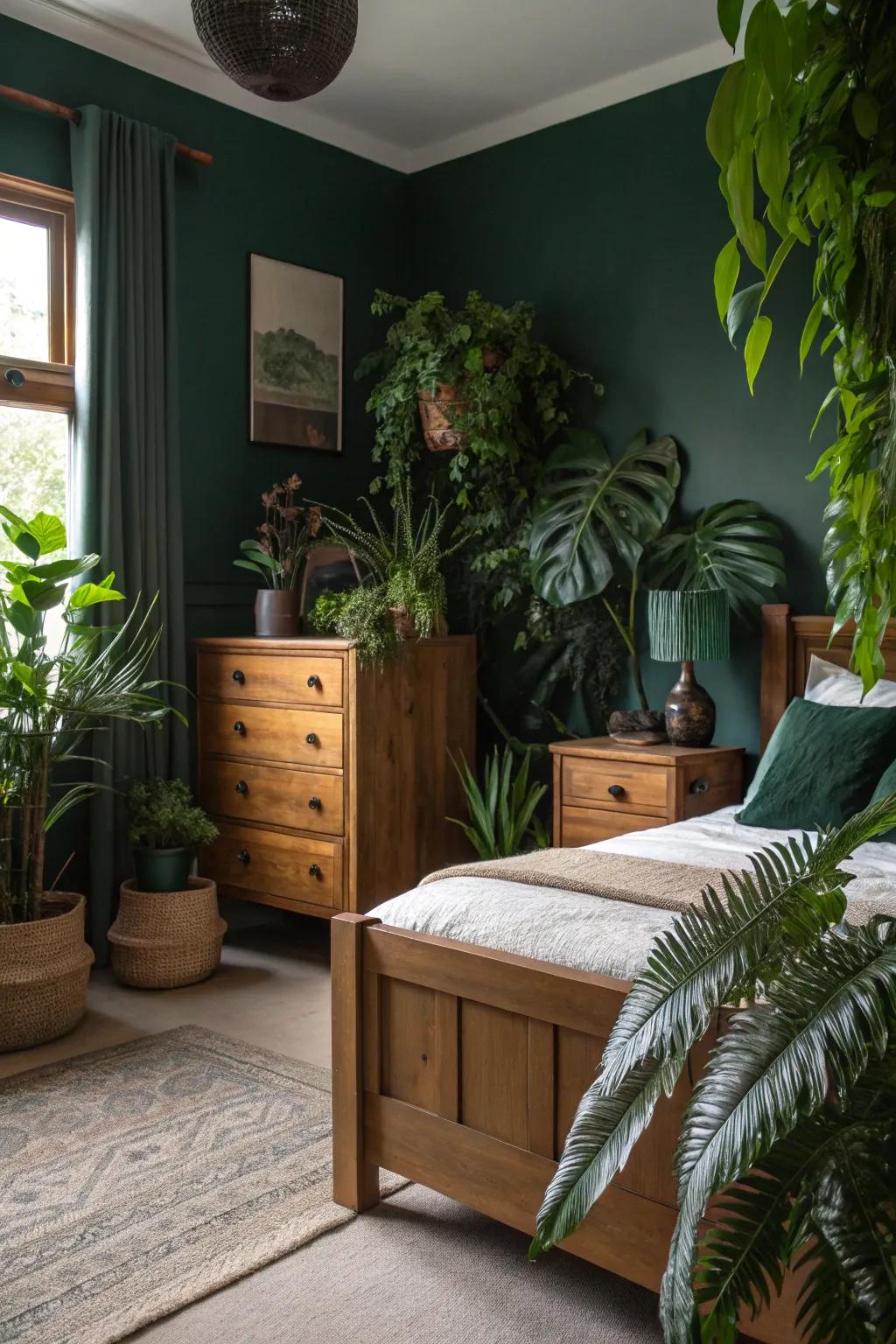 A dark green bedroom adorned with wooden furniture and lush indoor plants.