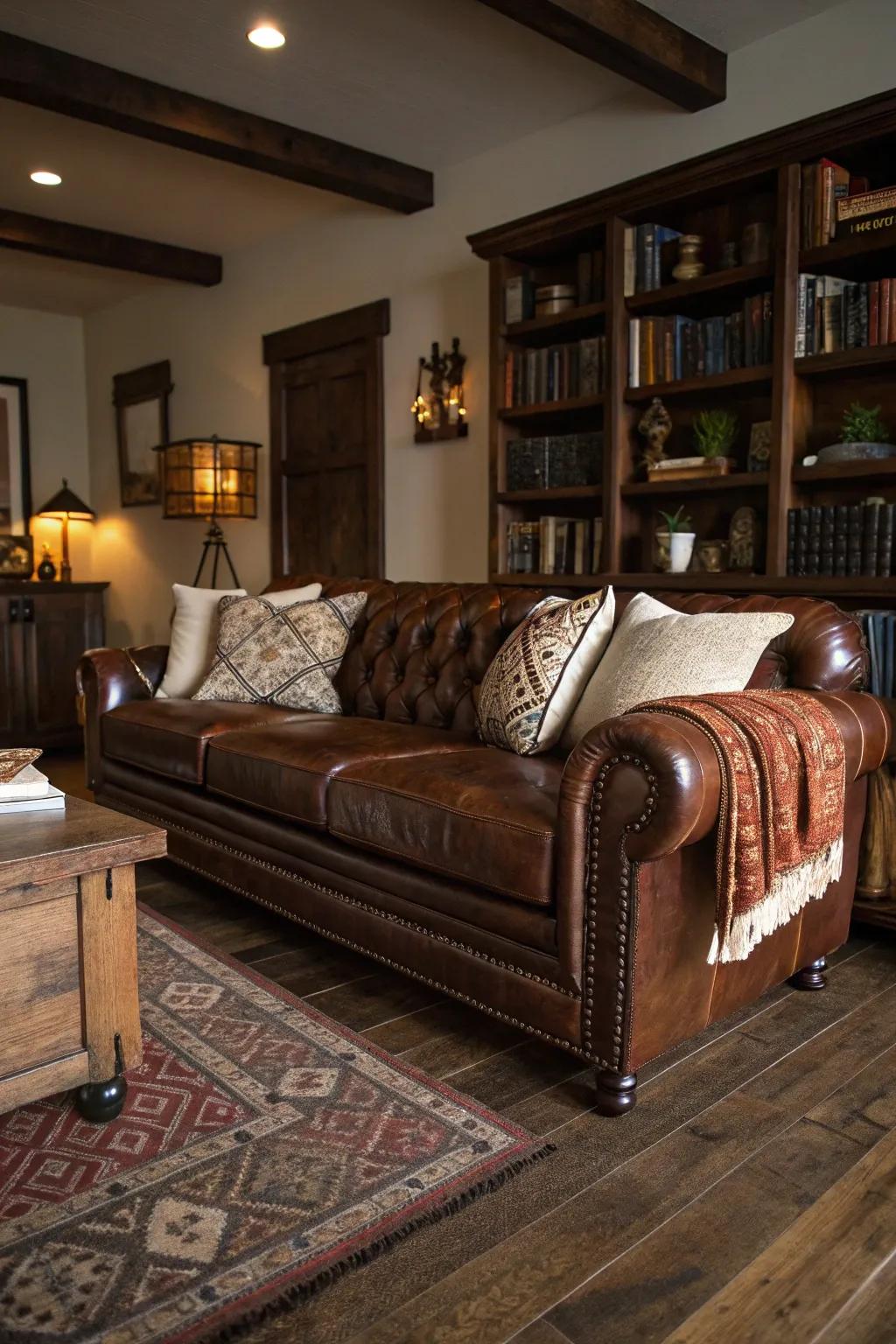 Dark wood floors complemented by a luxurious leather sofa.