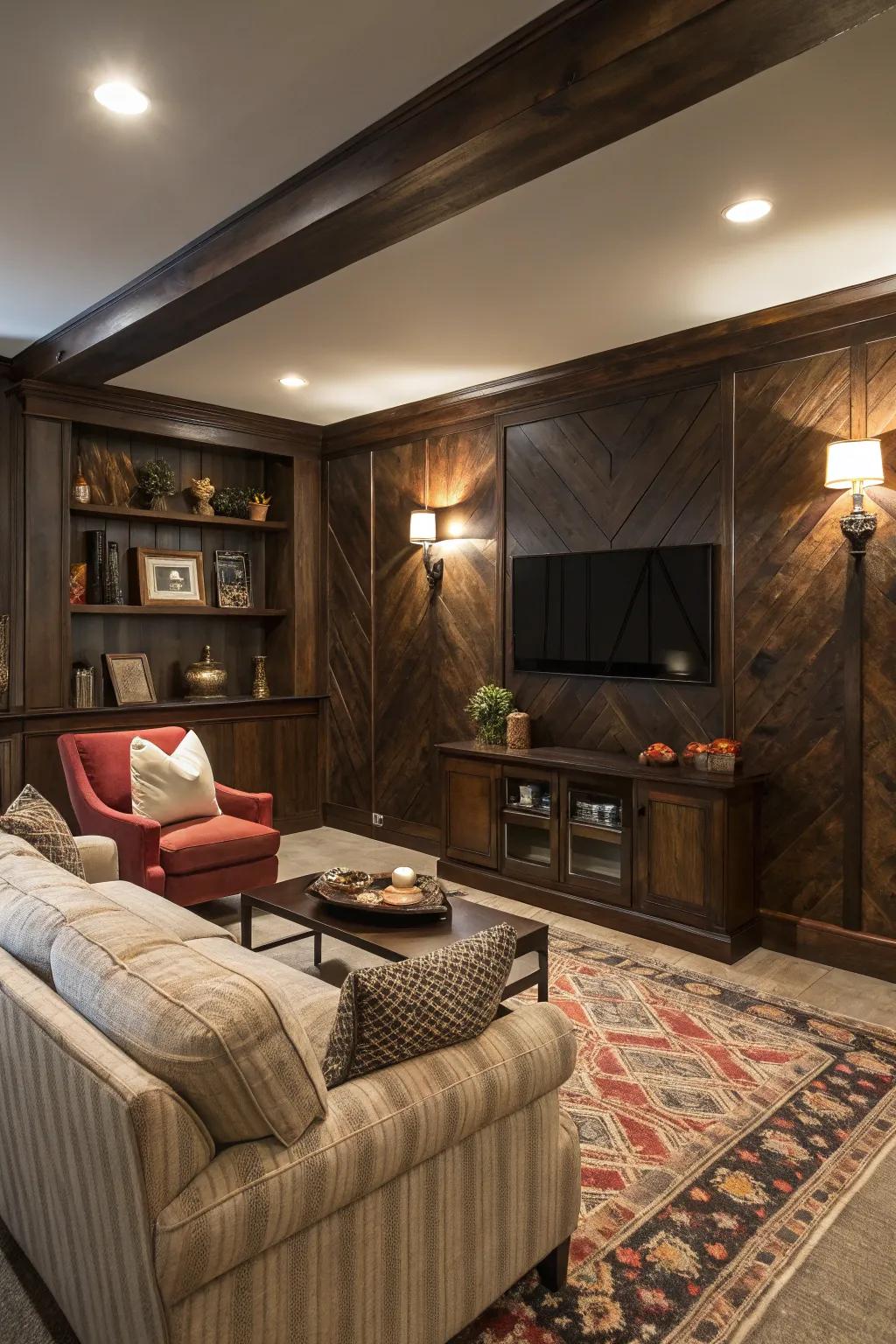 A dark wood accent wall adds a touch of luxury.