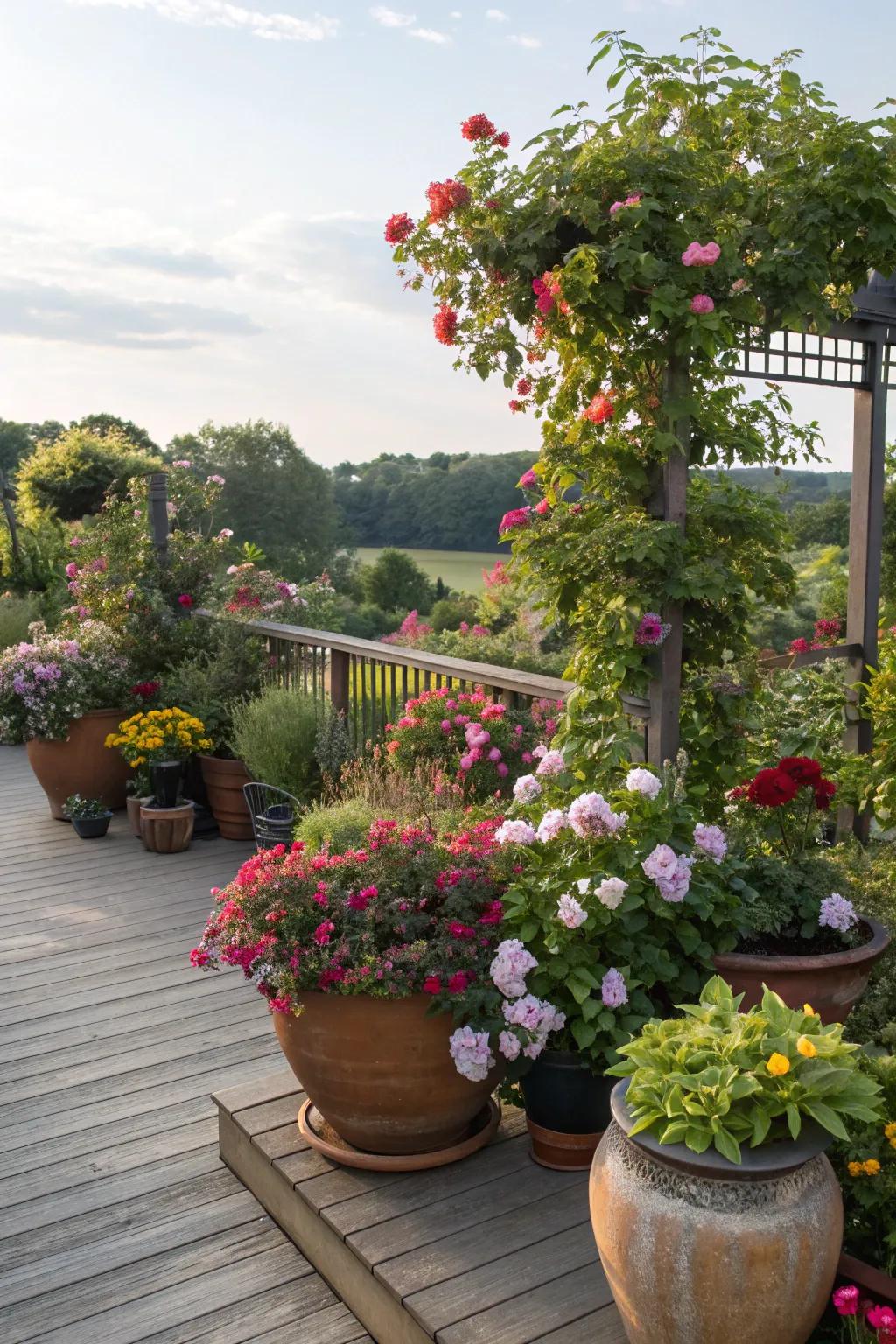 Add vibrancy with a mix of potted plants and flowers.