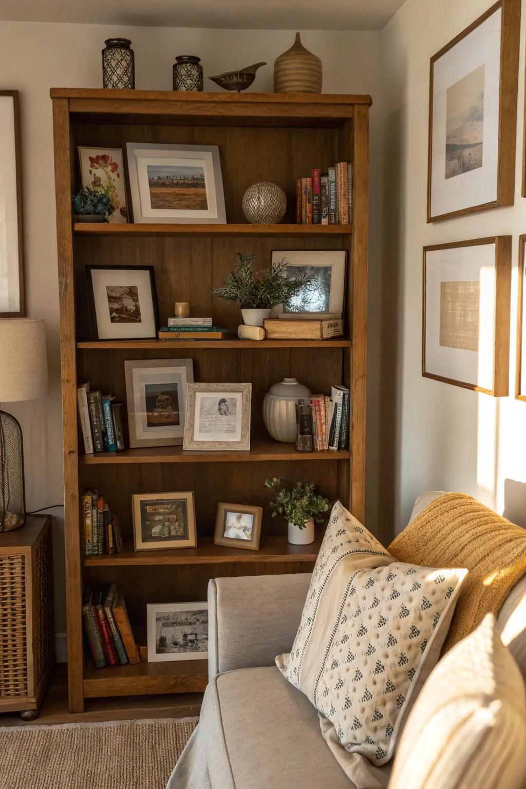 Layered picture frames on shelves add dimension and charm to a living space.