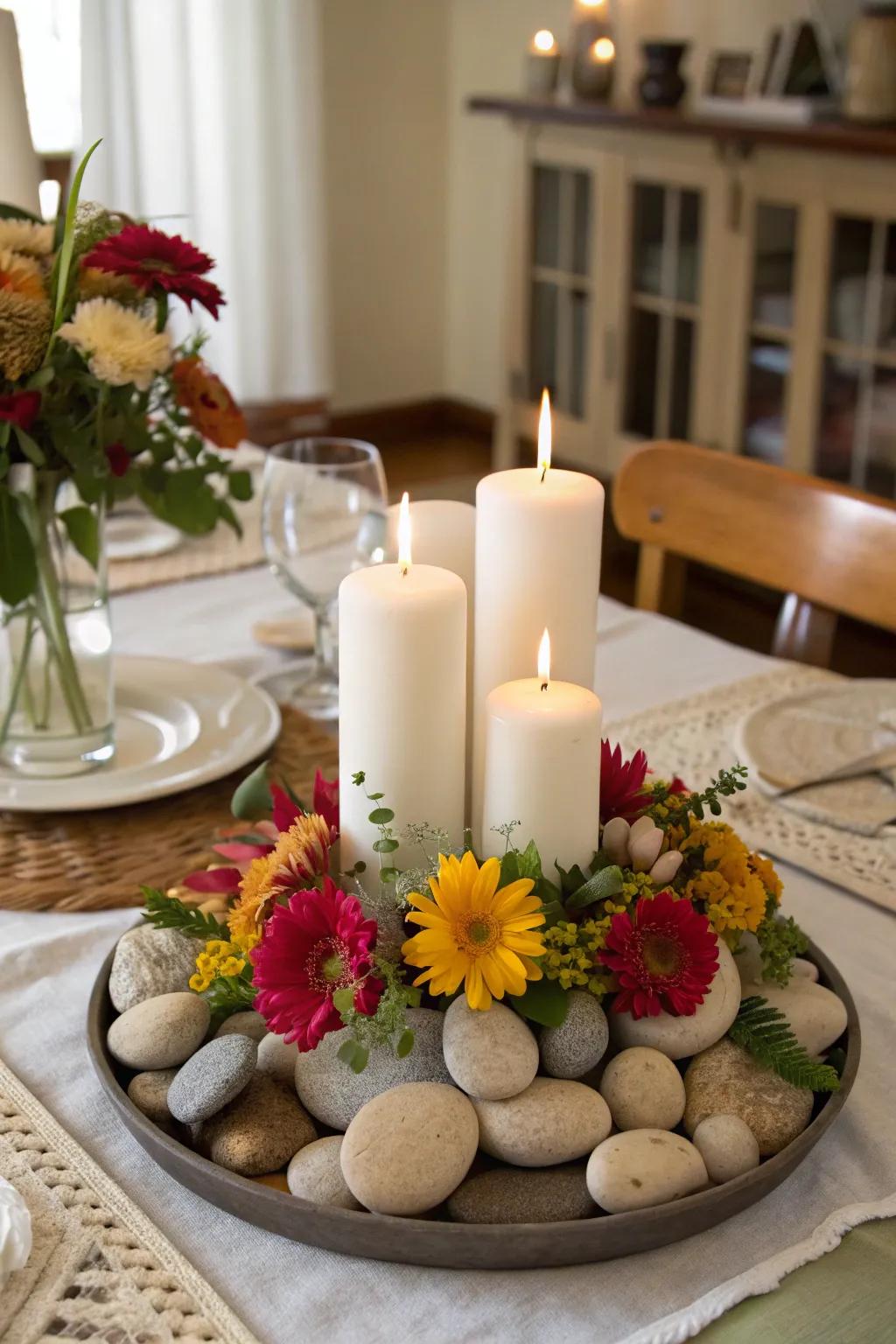 Create a natural centerpiece with rocks for a stunning dining table.