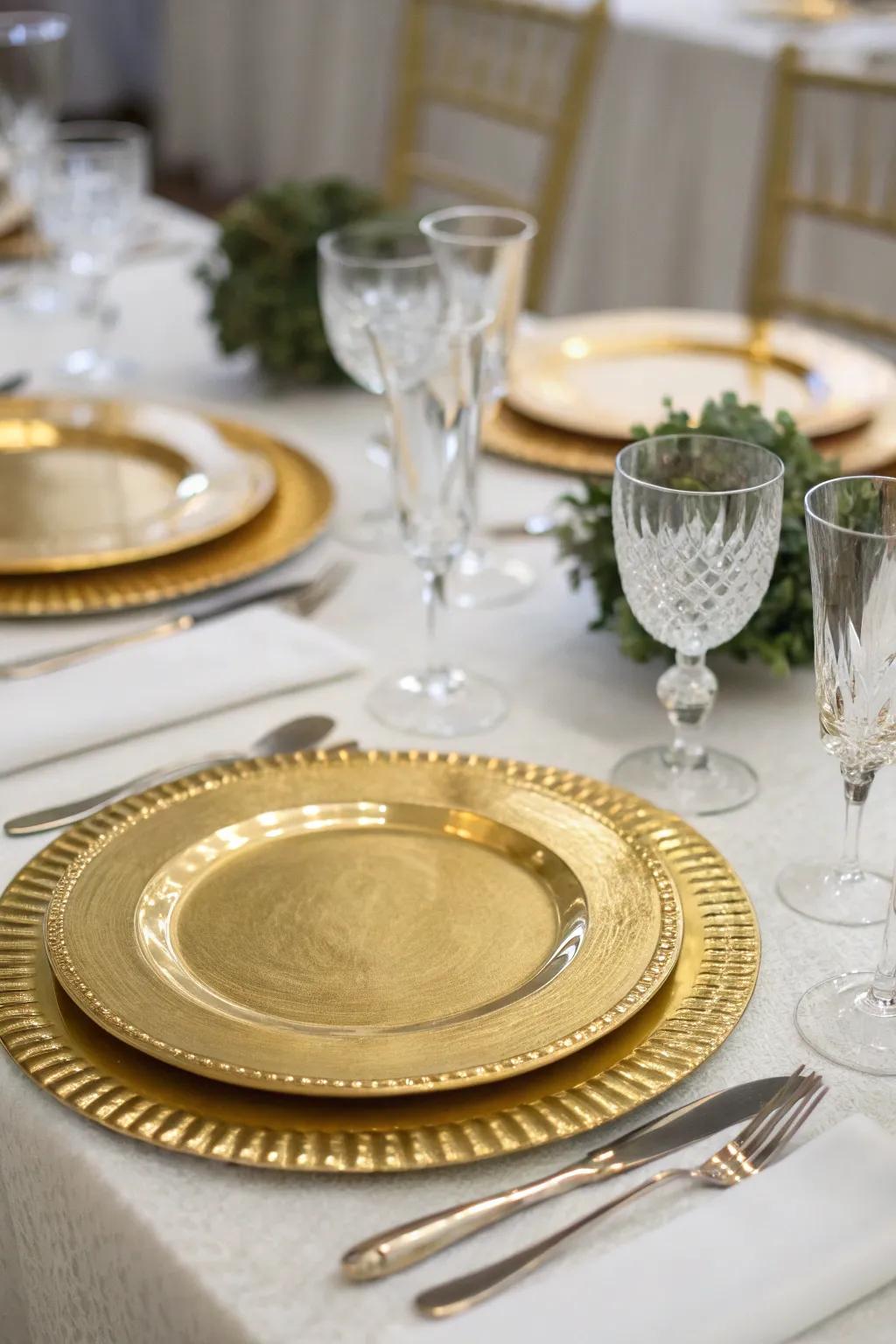 Gold charger plates adding a luxurious touch to a formal table setting.