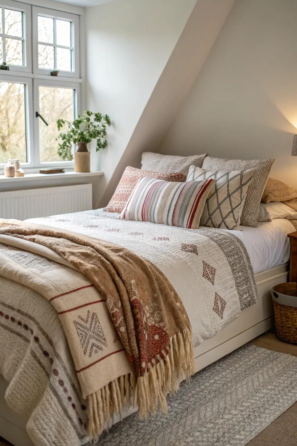 Layered textiles bring warmth and comfort to a diagonal bed.