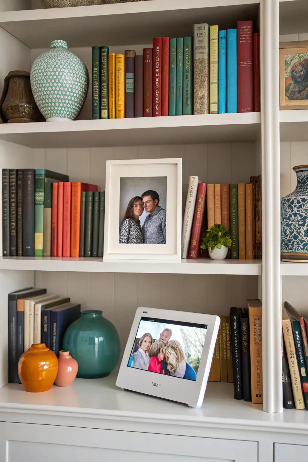 Bookshelves come alive with a digital photo frame.