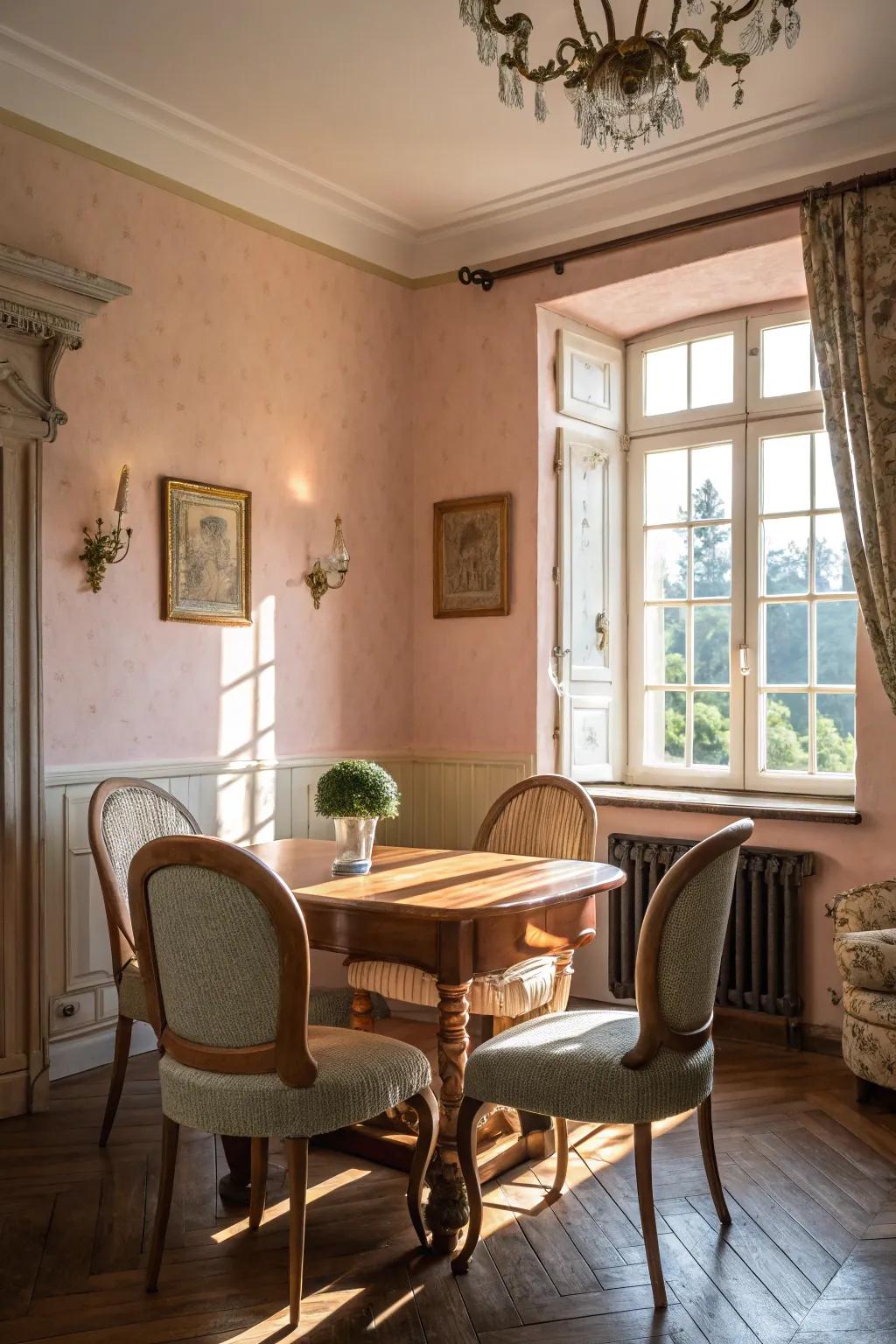 A pastel-themed dining room exuding charm and tranquility.