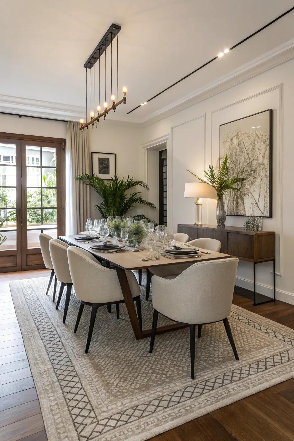 A neutral rug serving as a versatile foundation in the dining room.