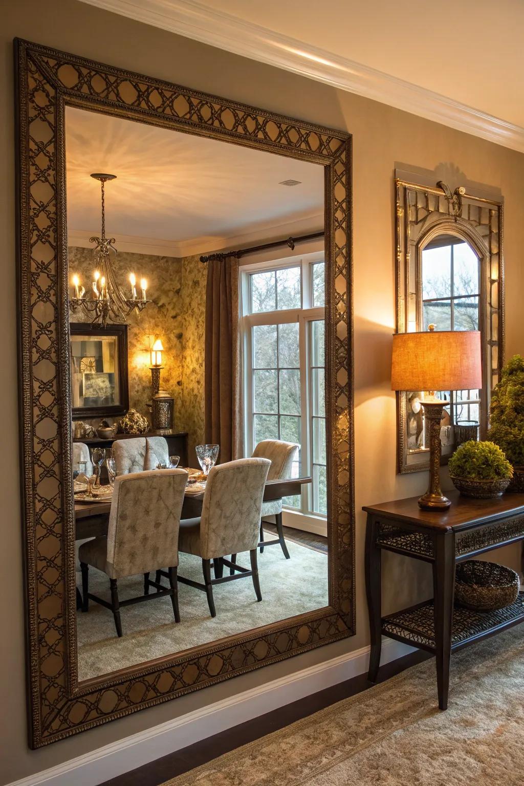 A decorative mirror enhances the brightness and space of the dining room.