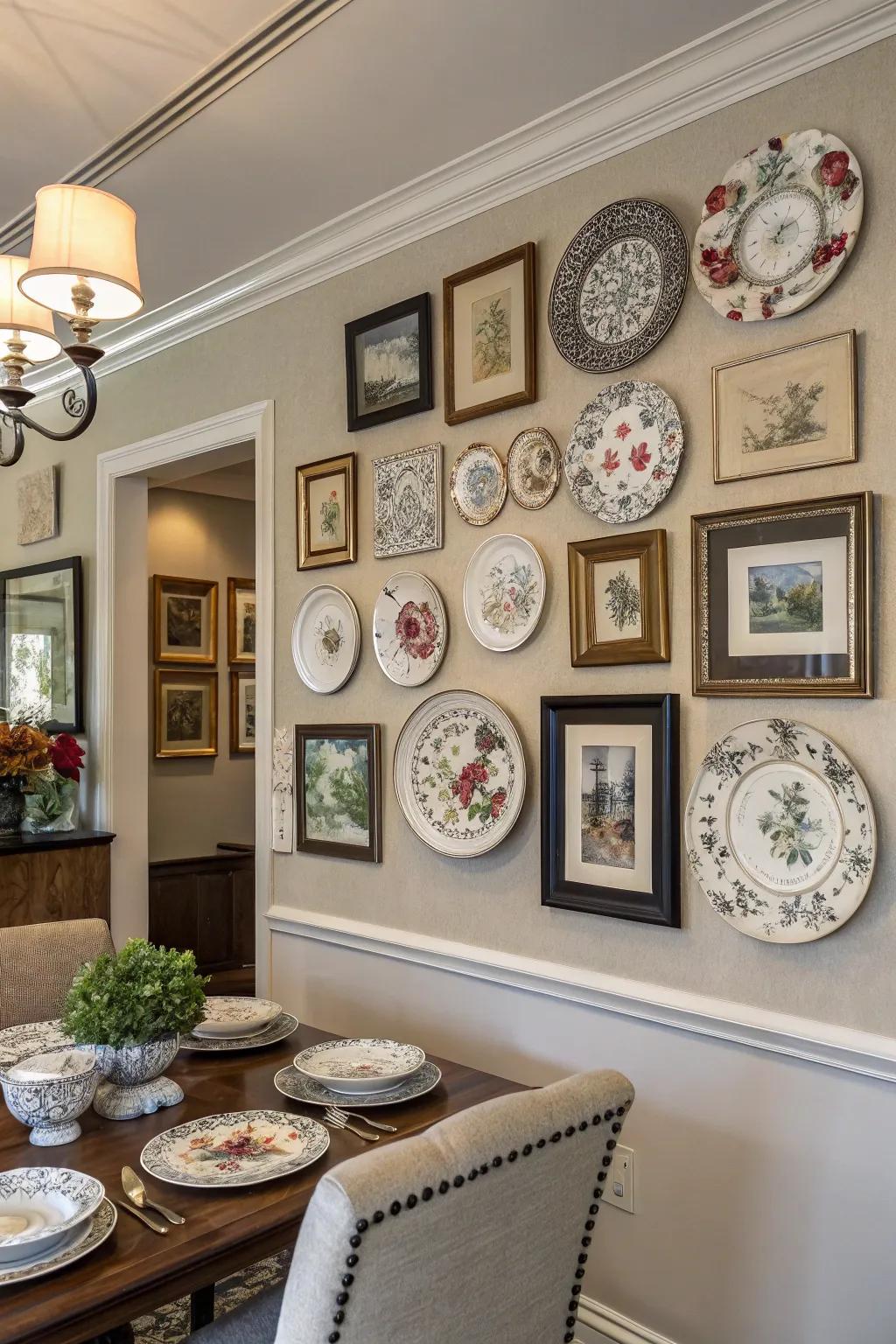 Combine plates with art for a unique gallery-style wall.