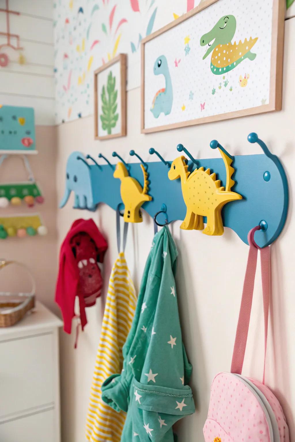 Dinosaur-shaped wall hooks adding charm and functionality.