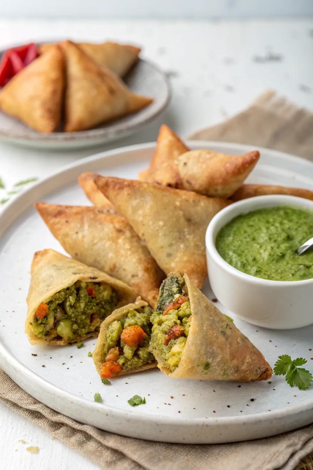 A modern take on samosas with a quinoa and vegetable filling, served with mint chutney.