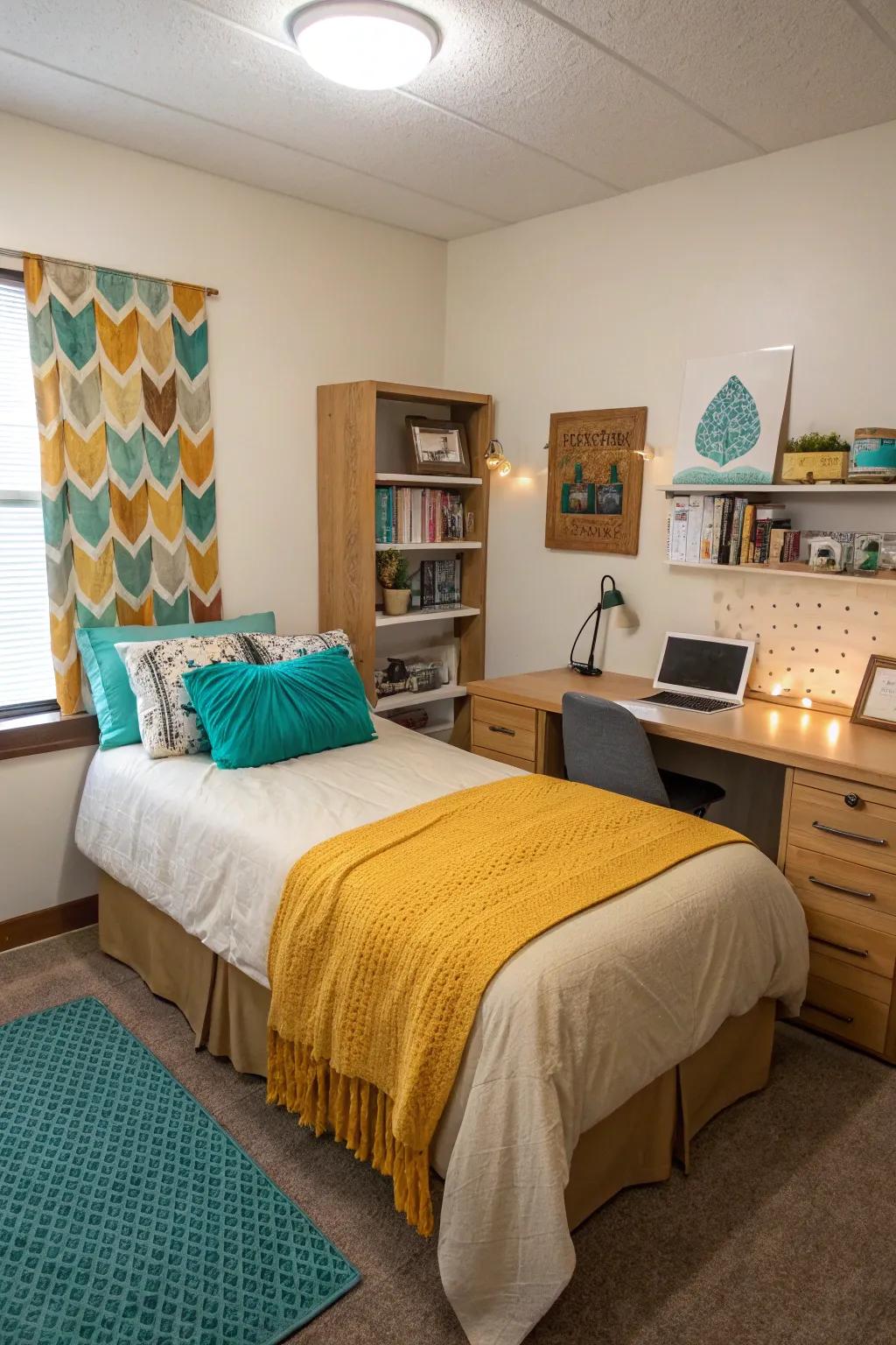 Accent colors add vibrancy to a neutral dorm room.