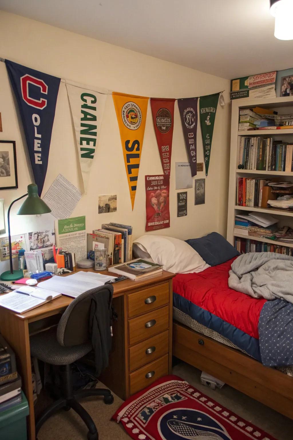 A dorm room decorated with college banners, creating a sense of school spirit.