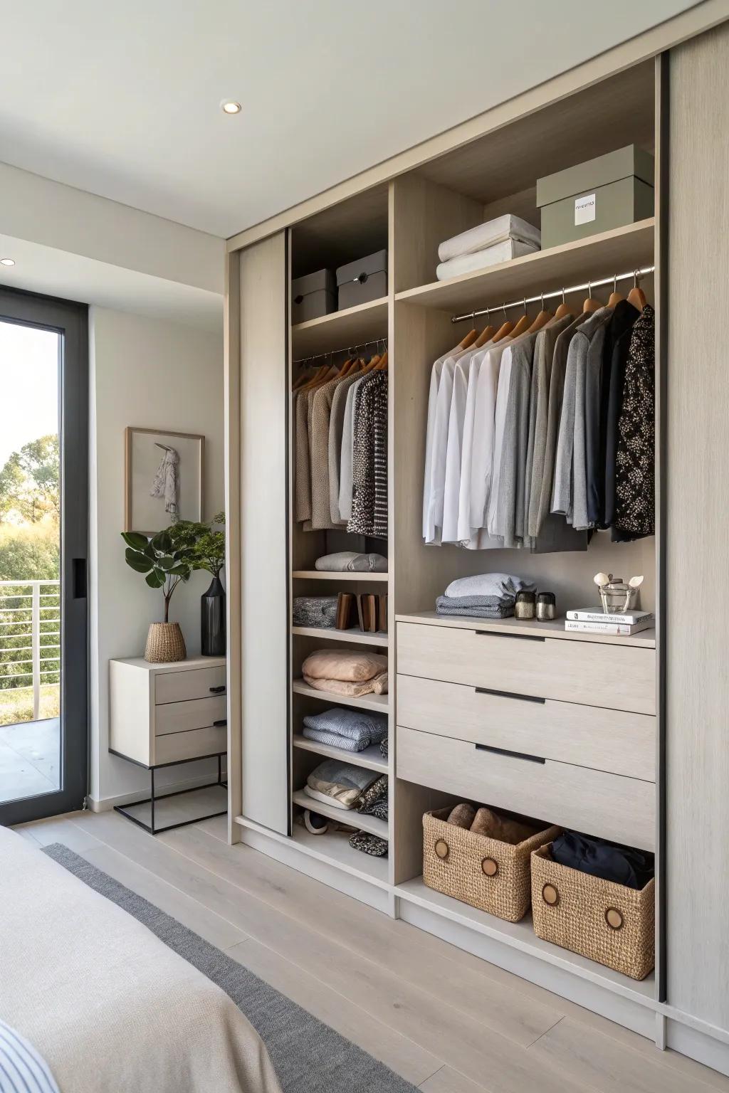 Built-in drawers within a double closet offer streamlined storage for smaller items.