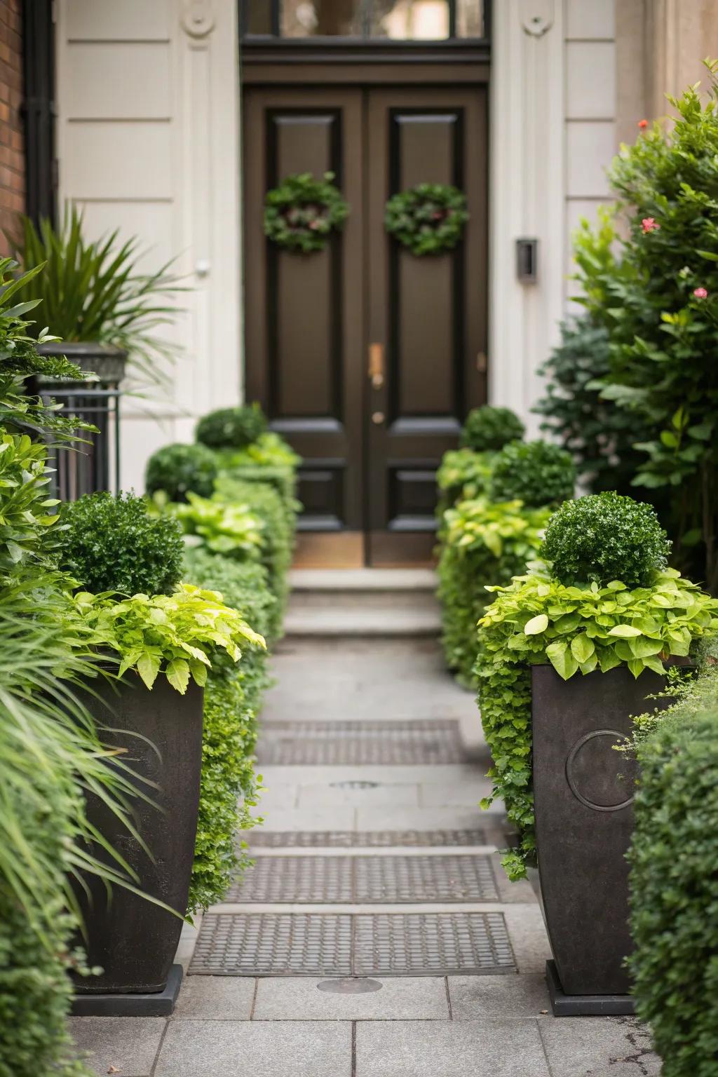 Achieve perfect symmetry with stylish planters that frame your entrance.