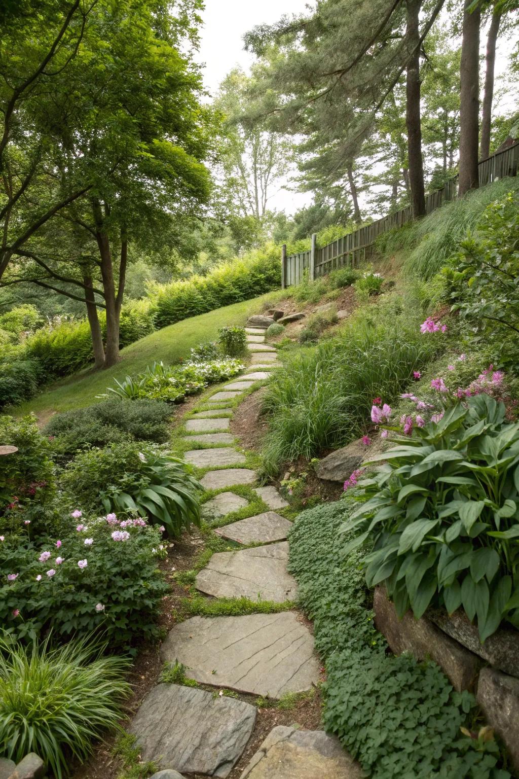 Stone pathways add both function and rustic charm to a sloped garden.