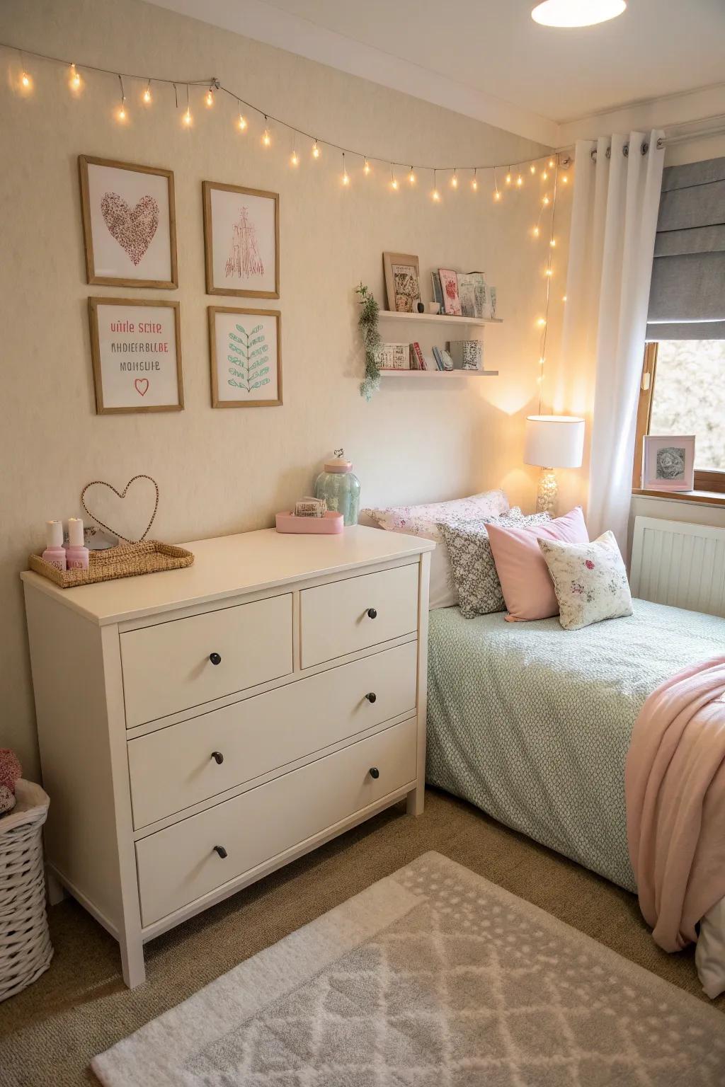 A light-colored dresser that enhances the airy feel of a small bedroom.