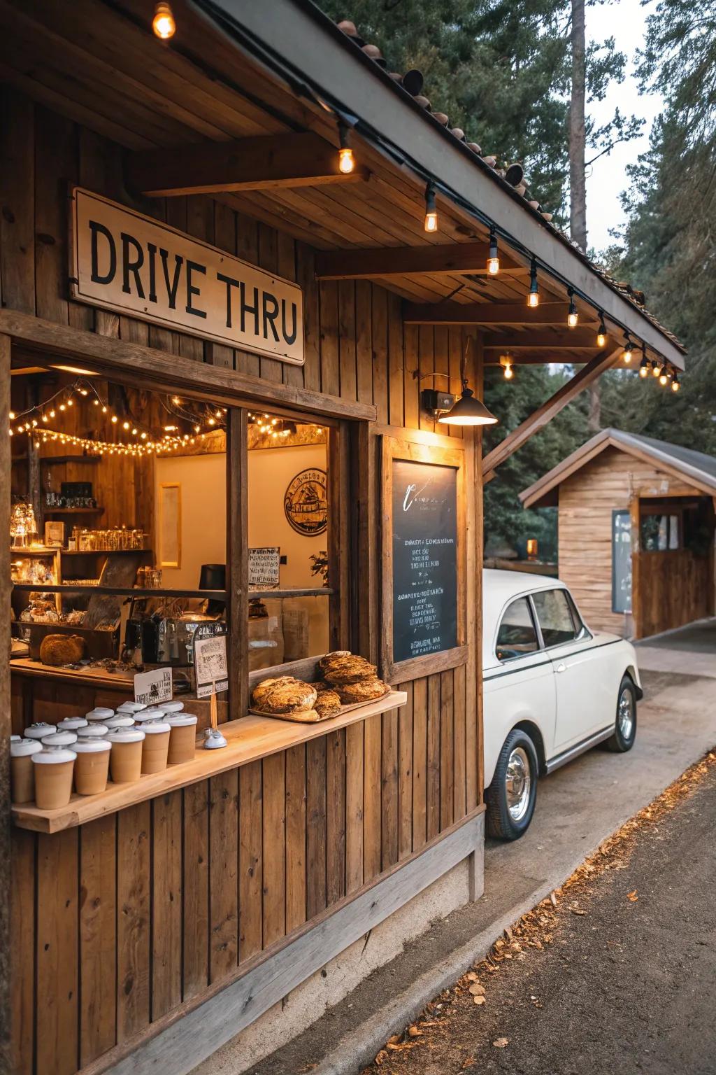 Rustic drive-thru coffee shop with wooden accents and a cozy atmosphere.