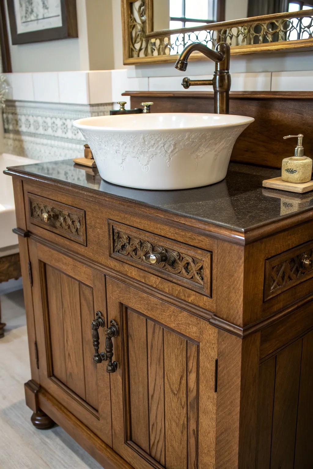 Modern hardware brings a contemporary touch to a vintage dry sink.