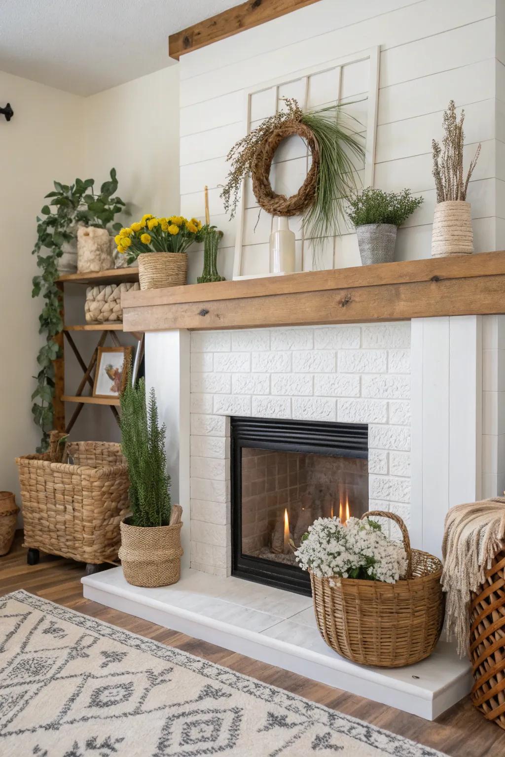 A drywall fireplace with a touch of nature.