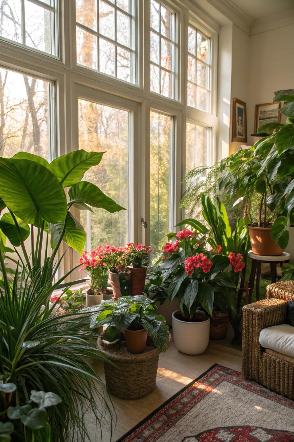 Room filled with indoor plants and abundant natural light.