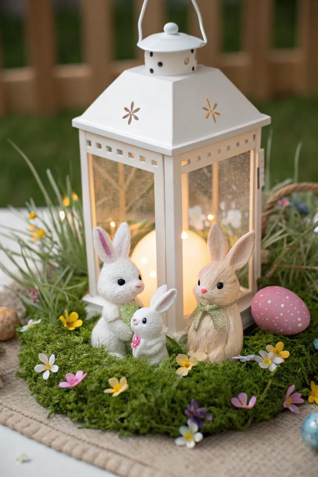 A charming bunny scene tucked inside a lantern.