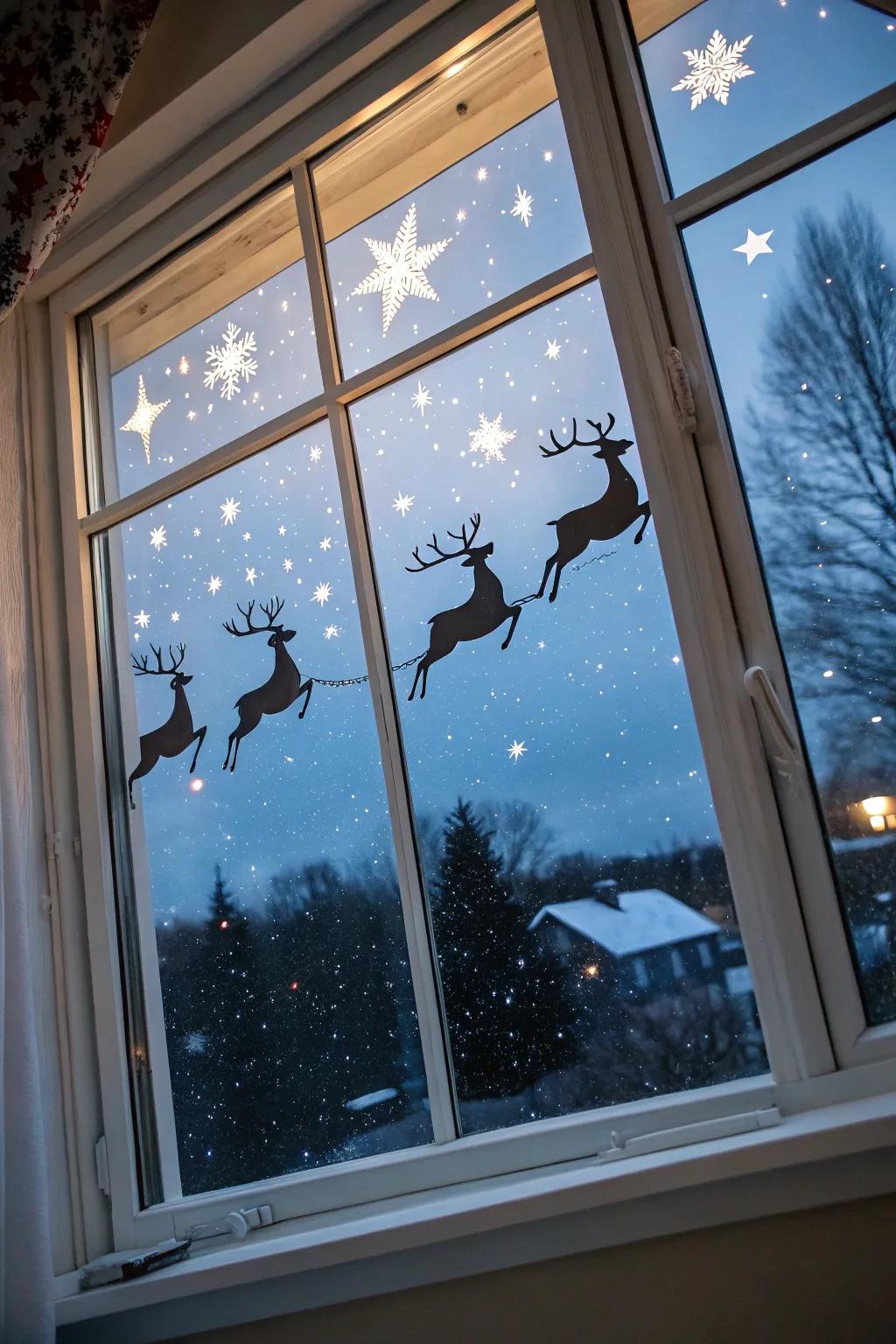 Reindeer flying through the night sky, delivering Christmas joy