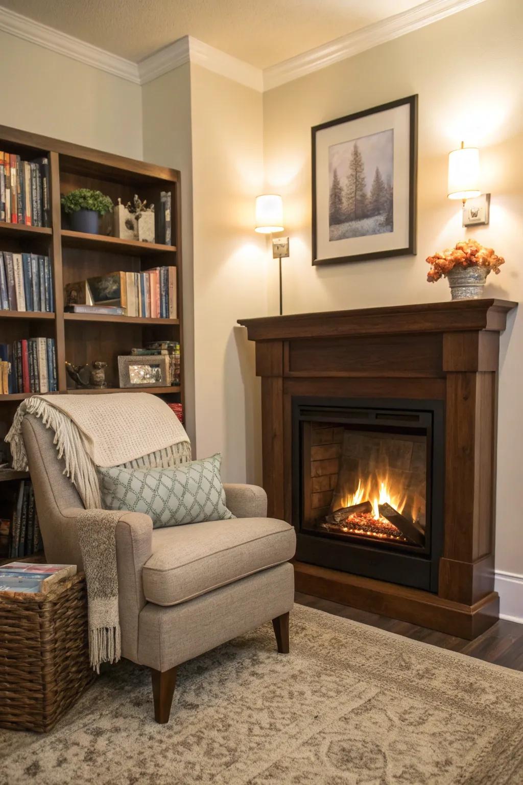 A corner electric fireplace creates a warm reading nook.