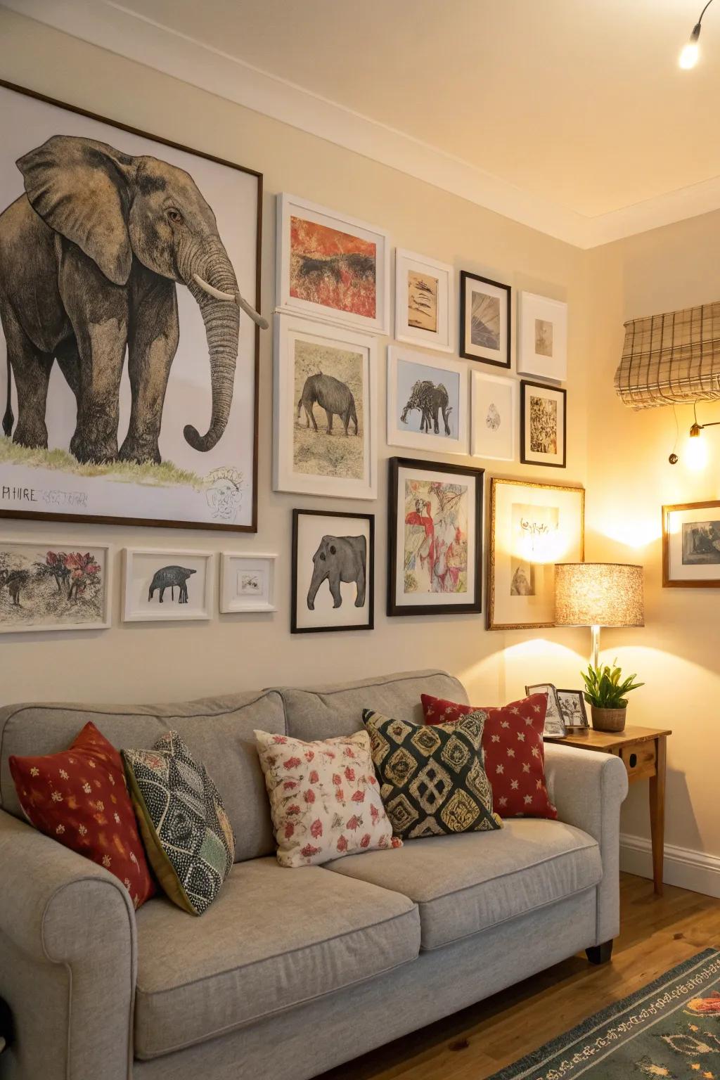 A gallery wall of elephant prints offers a unique and personal touch to your decor.