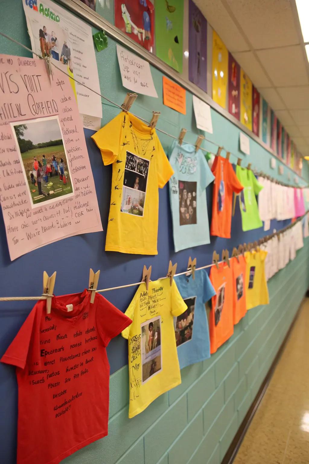 A nostalgic display of student memories on a clothesline.