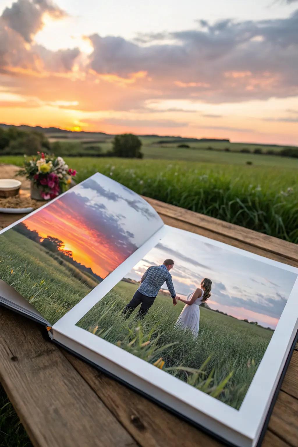 A photo book page showcasing a couple in a serene field at sunset.