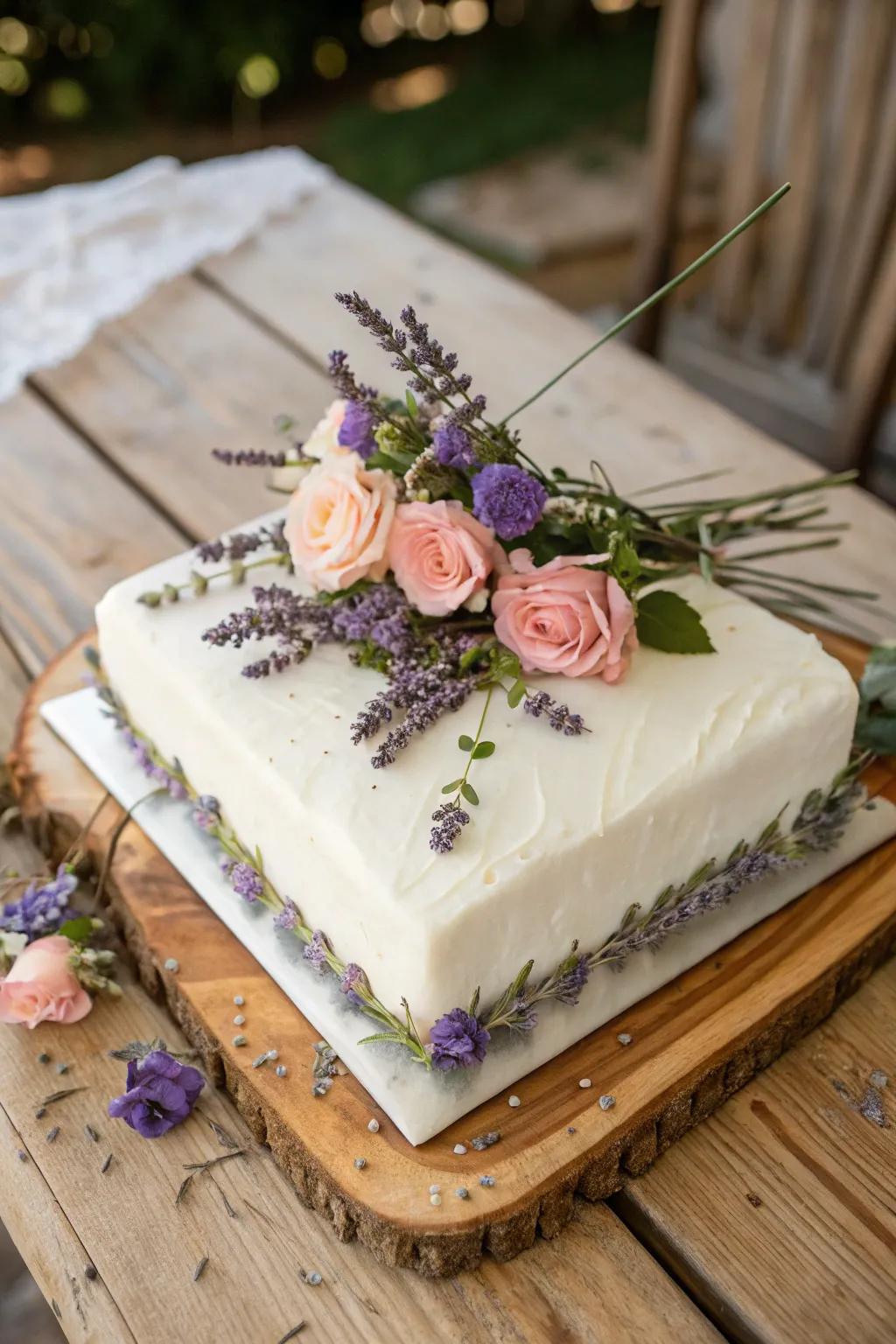 A floral-themed engagement sheet cake with lavender and roses.