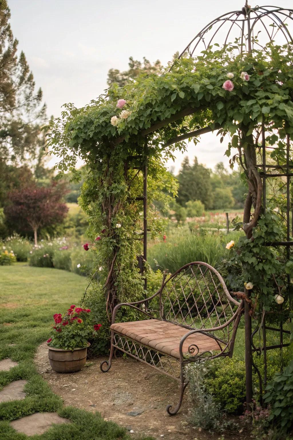 A rustic seating area invites relaxation in the garden.