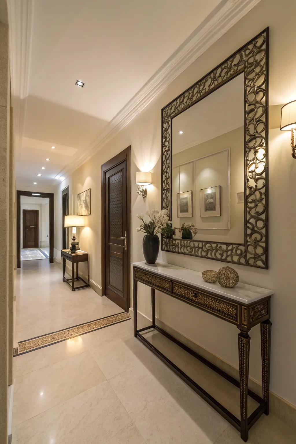 A large mirror adds depth and light to this entry hallway.